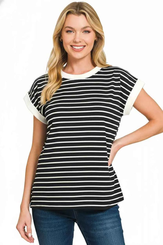 Zenana Full Size Contrast Trim Cap Sleeve Stripe Tee Plus Size 347bc578-065c-43b2-bb47-b811ba6c9775-Max-Origin