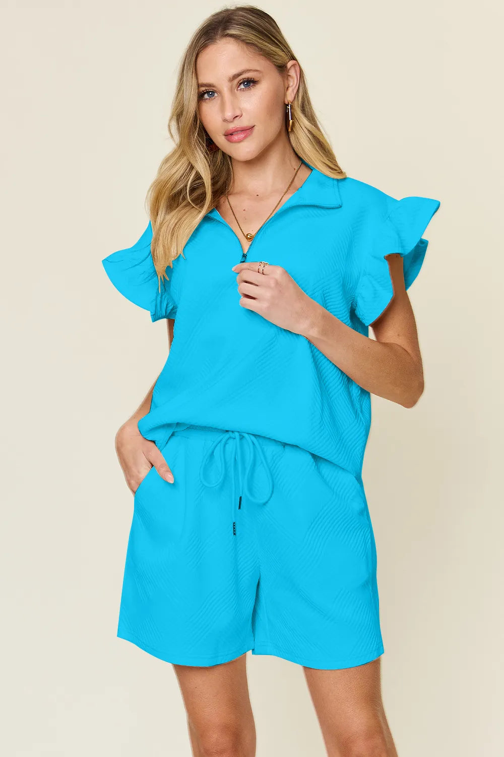 Double Take Full Size Texture Flounce Sleeve Top and Drawstring Shorts Set Aqua 347bc6e5-de99-4860-b18b-0ad7b97cee8e-Max