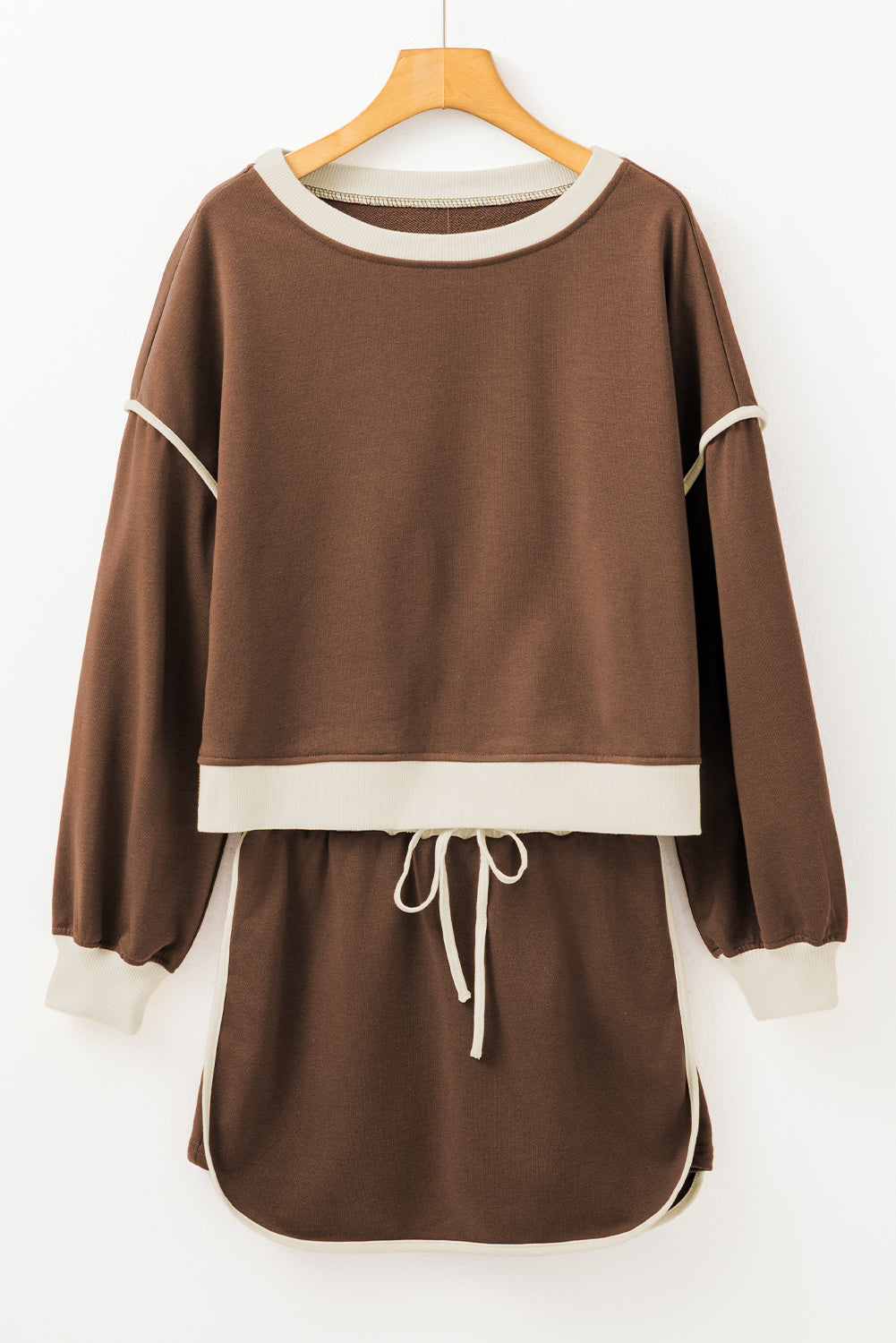 Coffee Contrast Trim Loose Pullover and Lace-up Waist Skort Set 3481df7792692dce