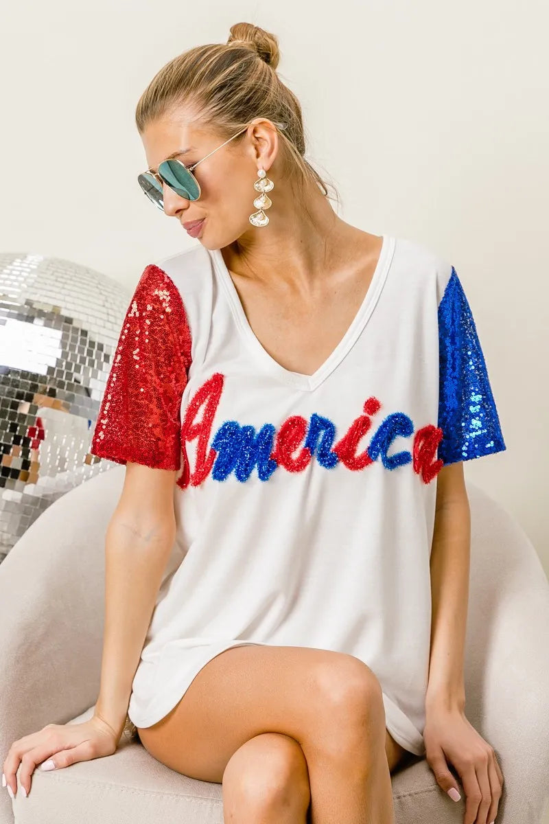BiBi Metallic Letter V-neck Sequin Sleeves Top 34832315bfe747e0922a70d75bb44ecf-Max-Origin
