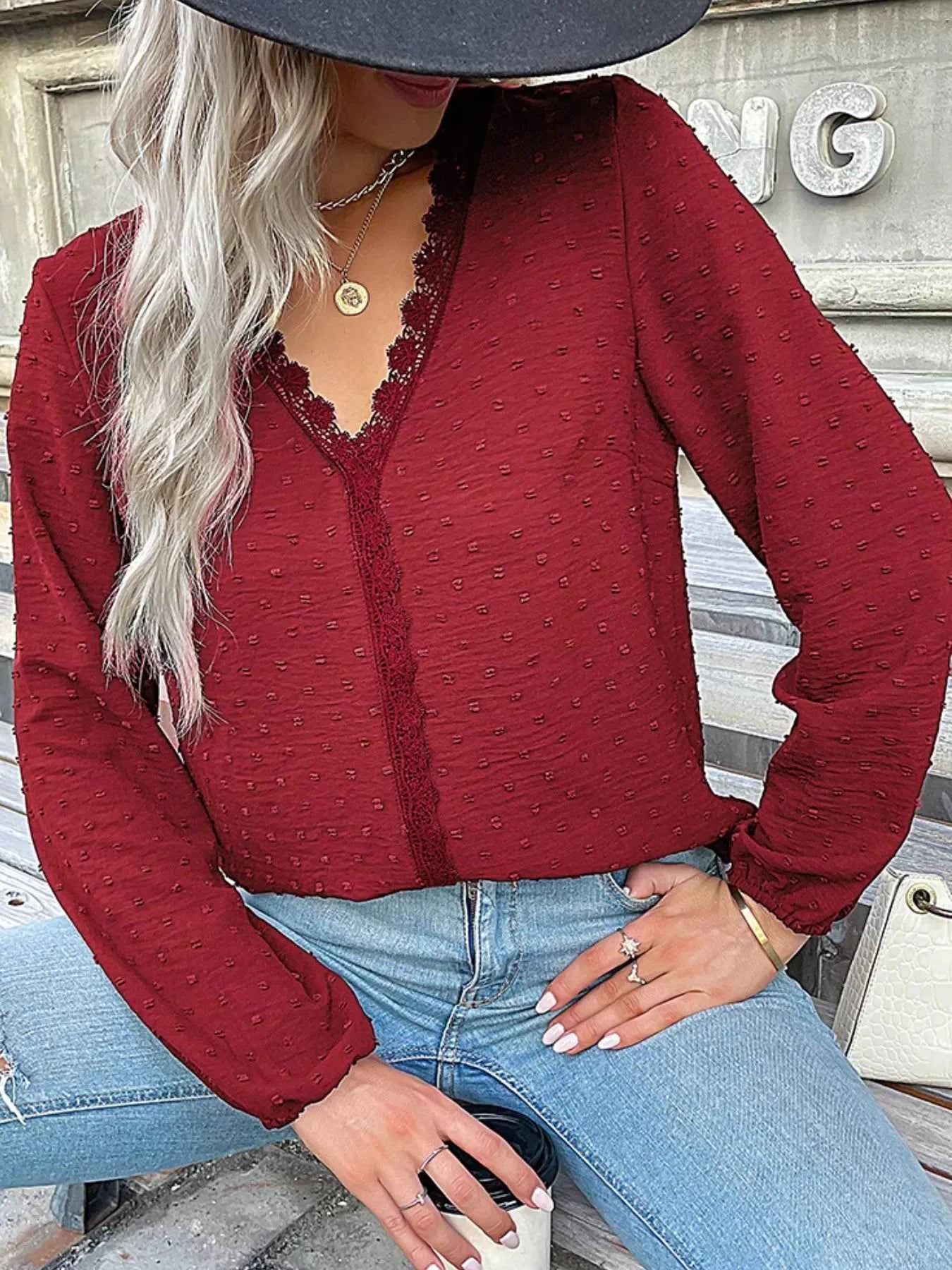 Lace Detail V-Neck Long Sleeve Blouse Burgundy 348a9b58-fc65-44bc-babe-696179b108ea-Max-Origin