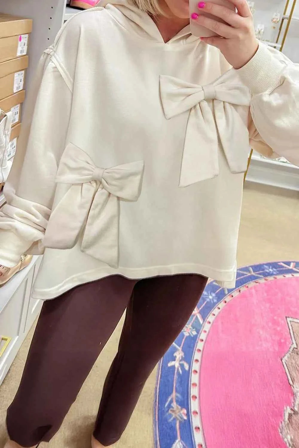 Bow Detail Dropped Shoulder Oversized Hoodie Cream 348c180b-a9d4-4be2-b75f-b69b66e36c8d-Max-Origin