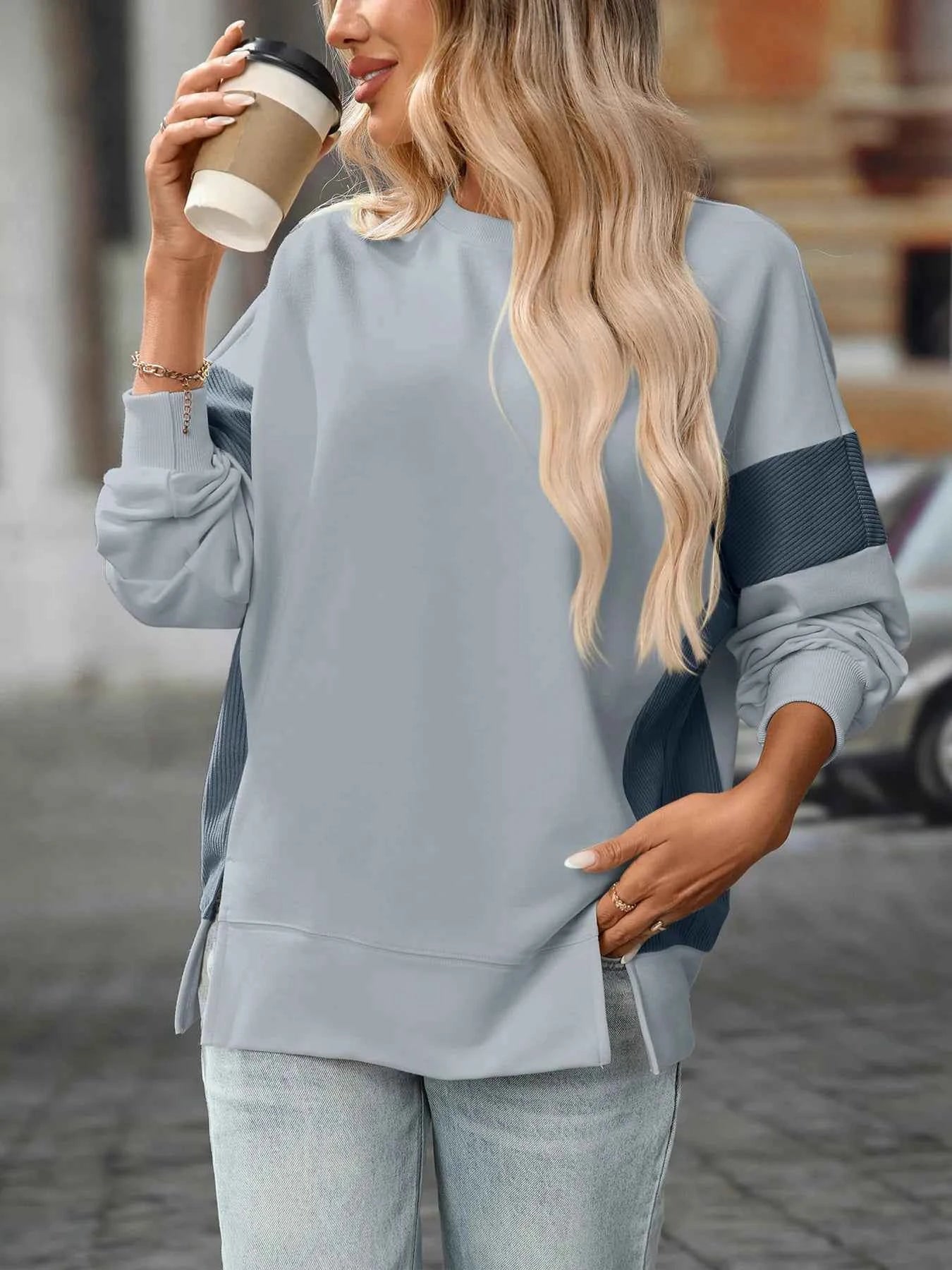Slit Round Neck Long Sleeve Sweatshirt 348d419dd06746d28d6dbcf8c21b2dcf-Max-Origin