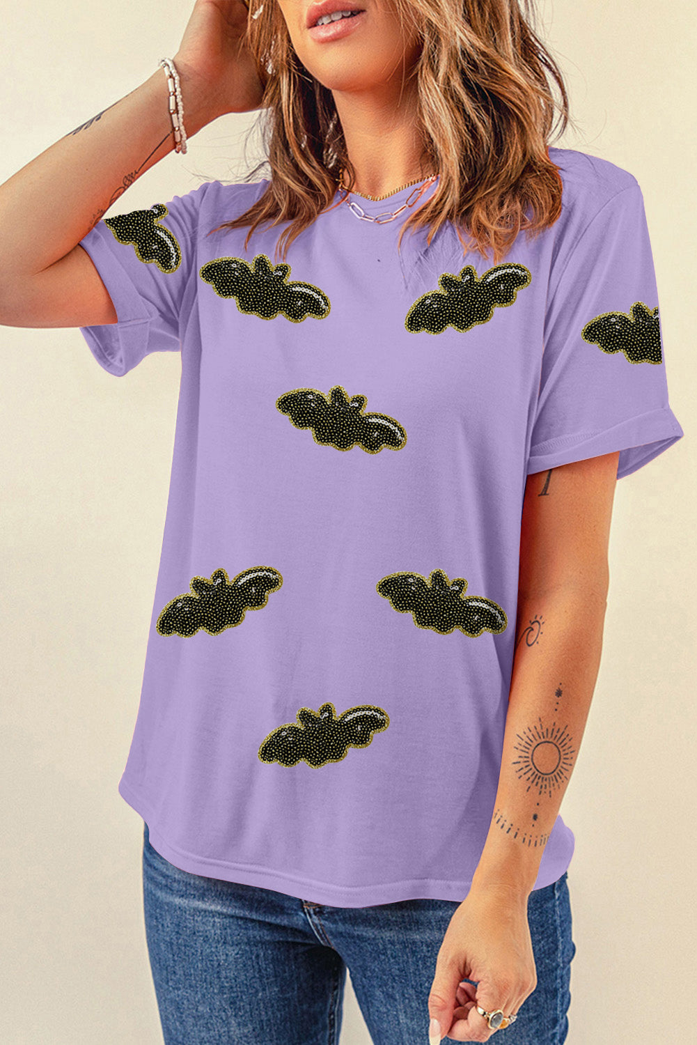 Wisteria Sequin Halloween Bat Patched Casual T Shirt 348f05251a7ad372