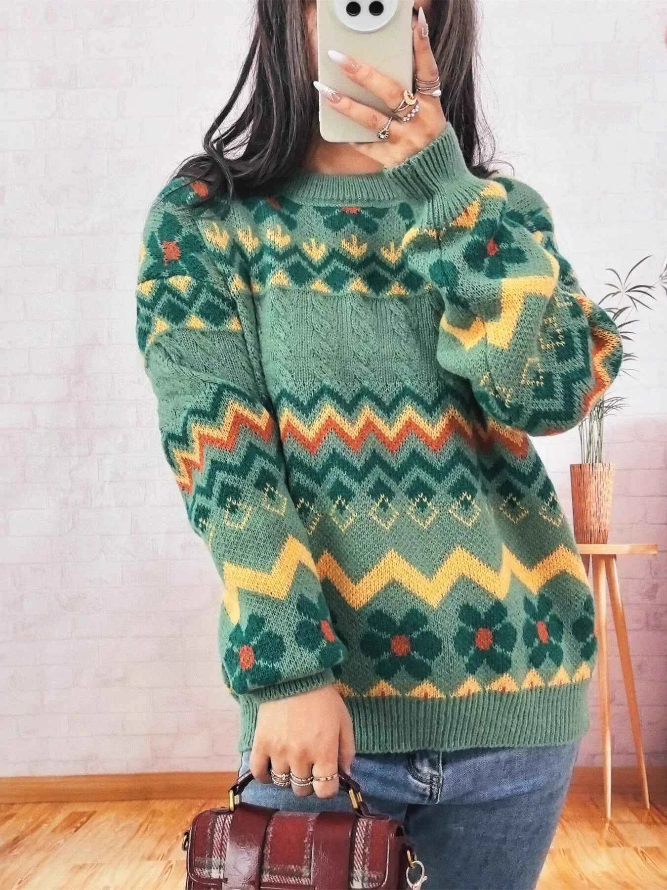 Geometric Round Neck Long Sleeve Sweater 348f6ab8a386439096701b8ca93a3749-Max-Origin