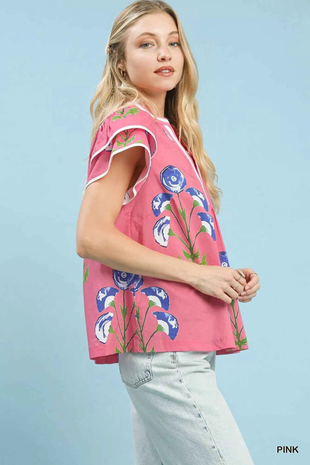 Umgee Blossom Meadow Print Blouse with Contrast Trim