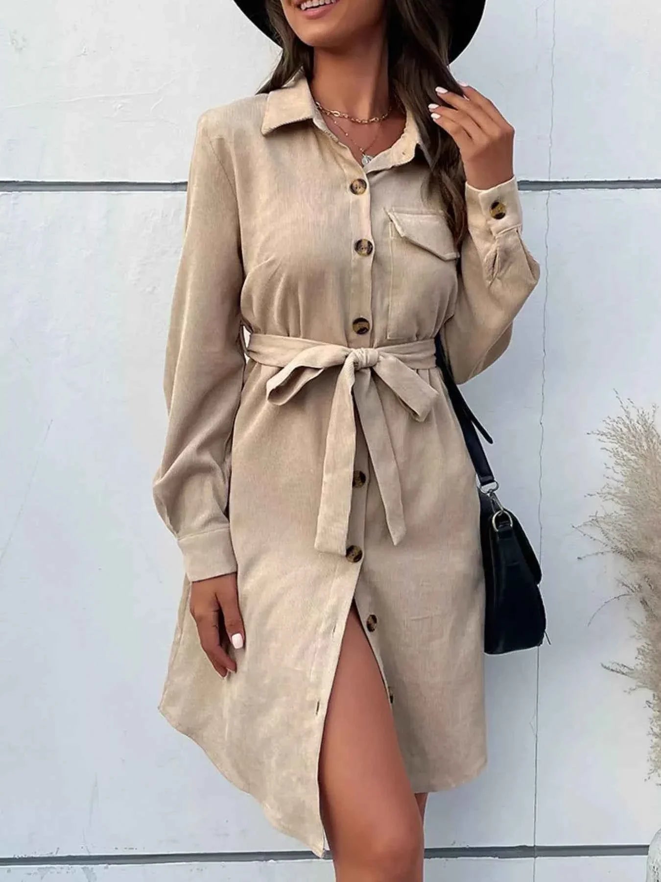Button-Front Tie Waist Shirt Dress Tan 3490ea18-b37d-4528-9c82-974897260687-Max-Origin