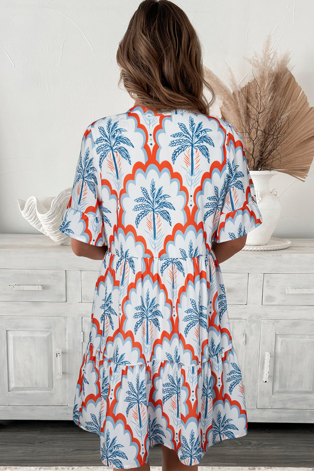 Orange Palm Tree Print Short Sleeve Flowy Dress 349417a6d04ae93c