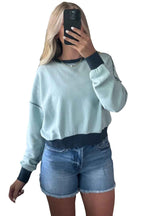 Iceland Blue Contrast Edge Patchwork Cropped Sweatshirt 3495673cb2e667ee