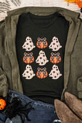 Black Halloween Ghost Pumpkin Graphic Crew Neck T Shirt Black 62%Polyester+32%Cotton+6%Elastane 3495dcd175aeb98d