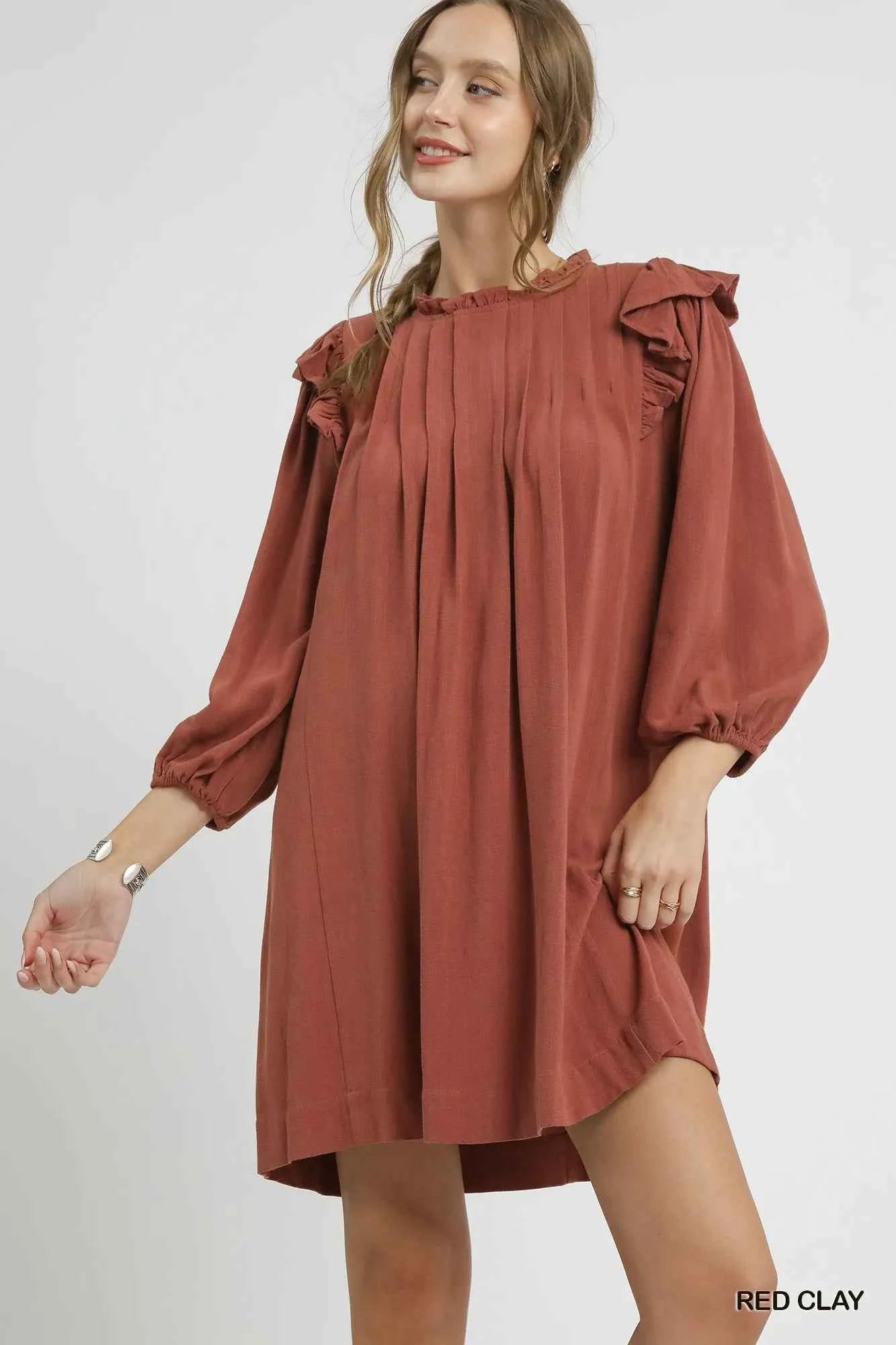 Linen Ruffle Shoulder Pleated Babydoll Dress RED CLAY 34967f8b-cb90-47bd-9298-81811e8a3c05-Max-Origin