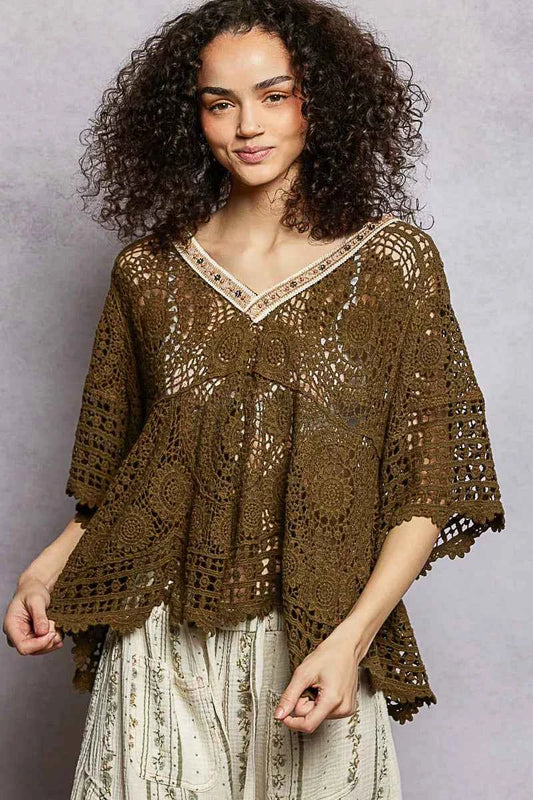 POL V-Neck Crochet Top with Scalloped Hem 3498b2b5-656d-45e5-99a5-674a3b693e0f-Max-Origin