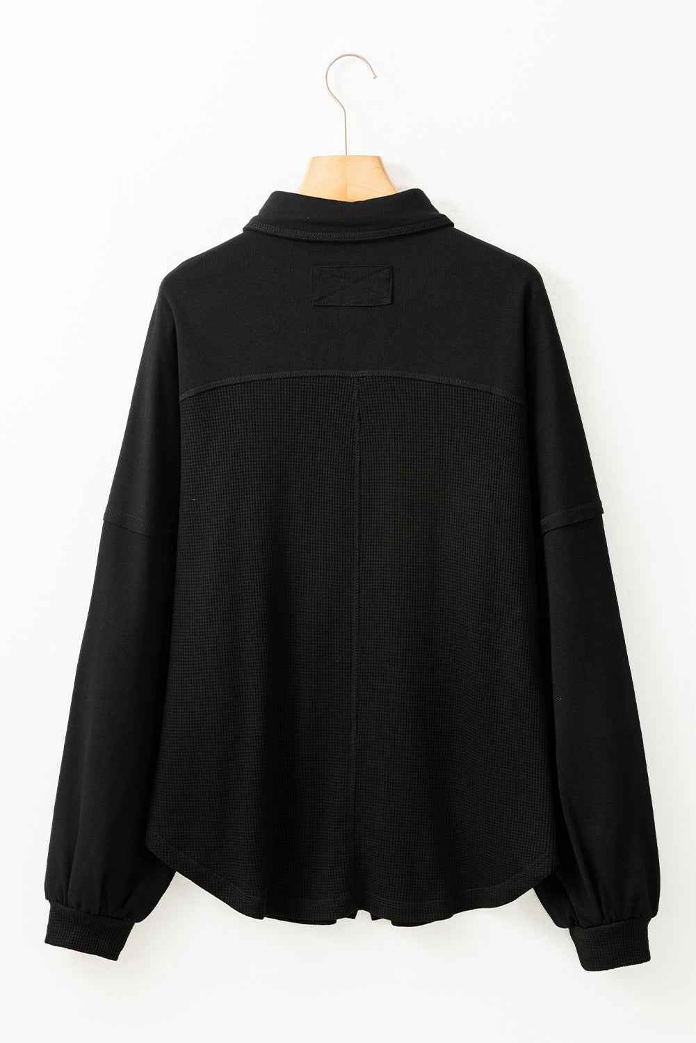 Black Waffle Knit Patchwork Exposed Seam Loose Shacket 349a111e9039323f