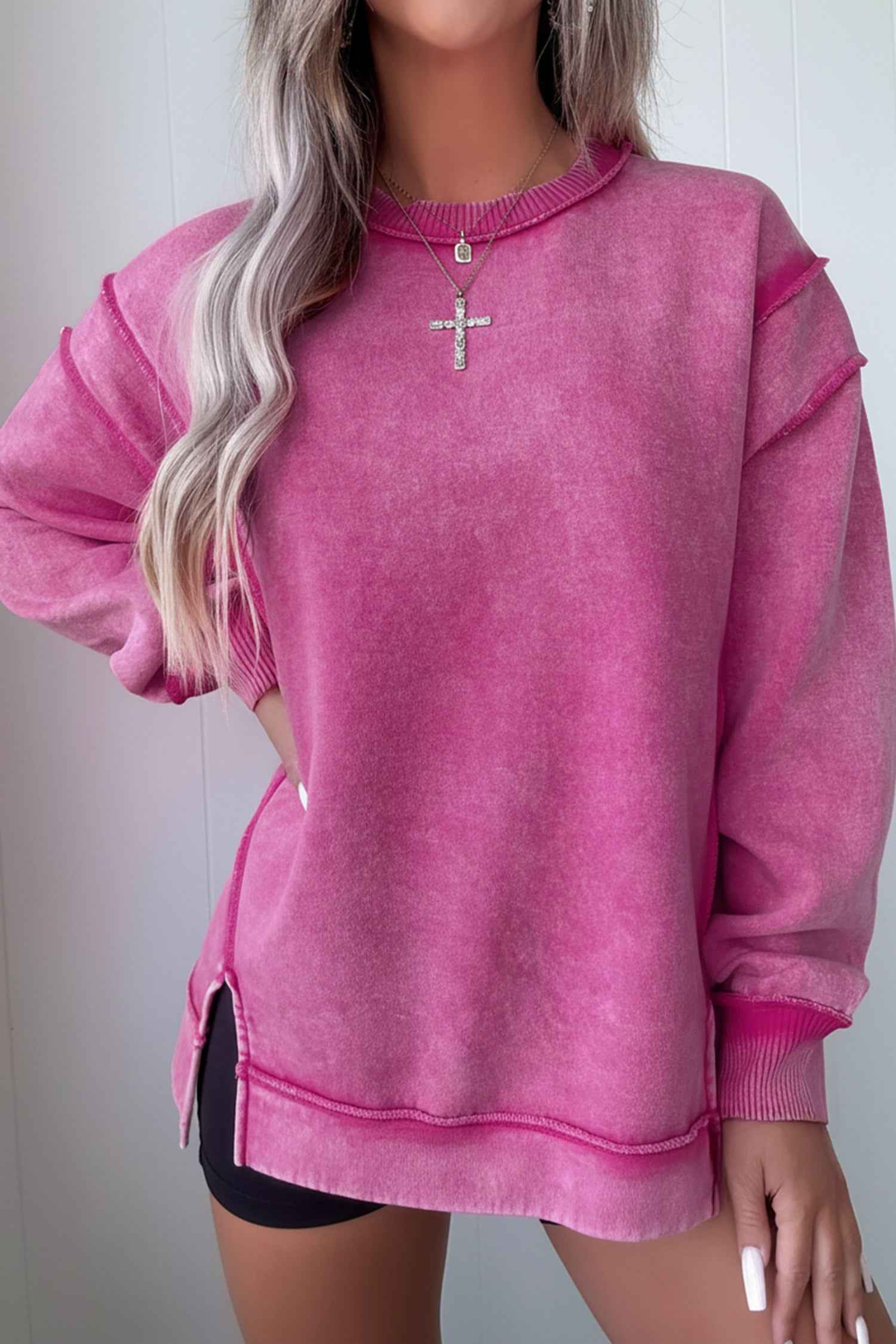 Rose Red Mineral Wash Exposed Seam Side Slit Sweatshirt Rose Red 80%Cotton+20%Polyester 34a0368319e7044d