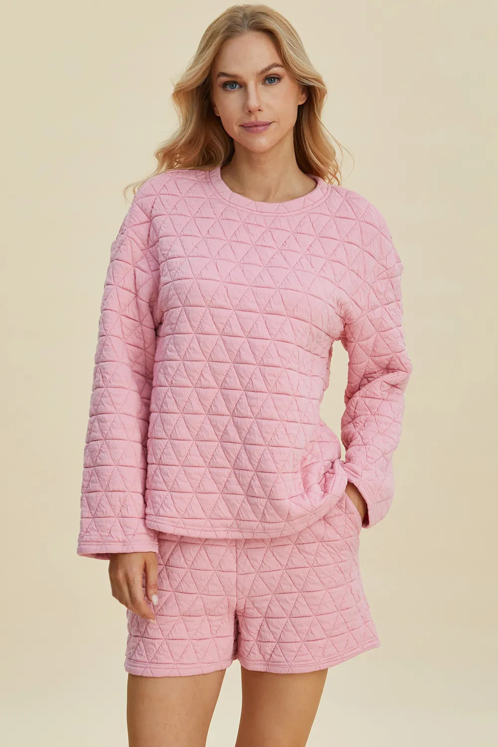 Double Take Full Size Texture Round Neck Long Sleeve Top and Shorts Set Pink 34a5578e-75f1-4bf2-9dfb-8a6fd329ec53-Max