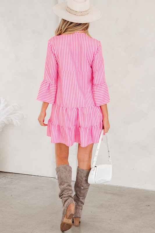 Stripe V-Neck Flare Sleeve Tiered Mini Dress 34a62f12-7859-4c58-9580-a8b1b227b073