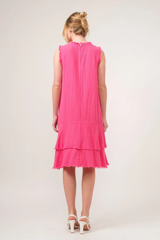 Washed Fringe Detail Tiered Dress - 100% Cotton Boho Style 34a6e1b1-d3b9-406b-9b12-516072c09499-Max
