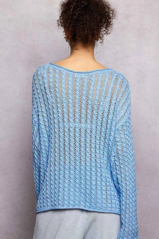 Openwork Round Neck Knit Top with Shiny Detail 34a7db11-8bfa-4c62-9718-d64918450bfc-Max-Origin
