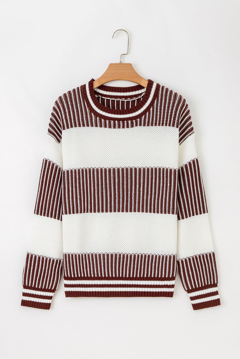 Brown Two Tone Striped Patchwork Drop Shoulder Sweater 34ab02d9fc964fc0