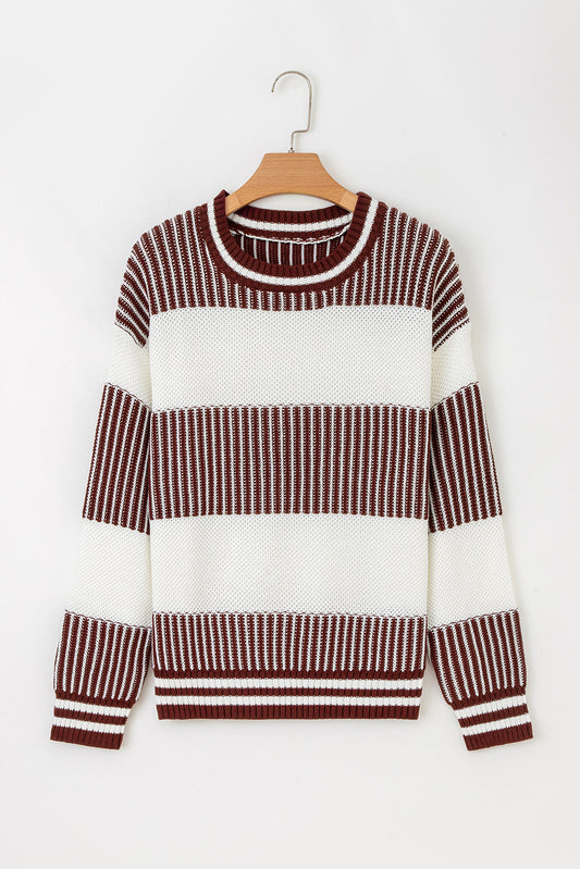 Brown Two Tone Striped Patchwork Drop Shoulder Sweater 34ab02d9fc964fc0