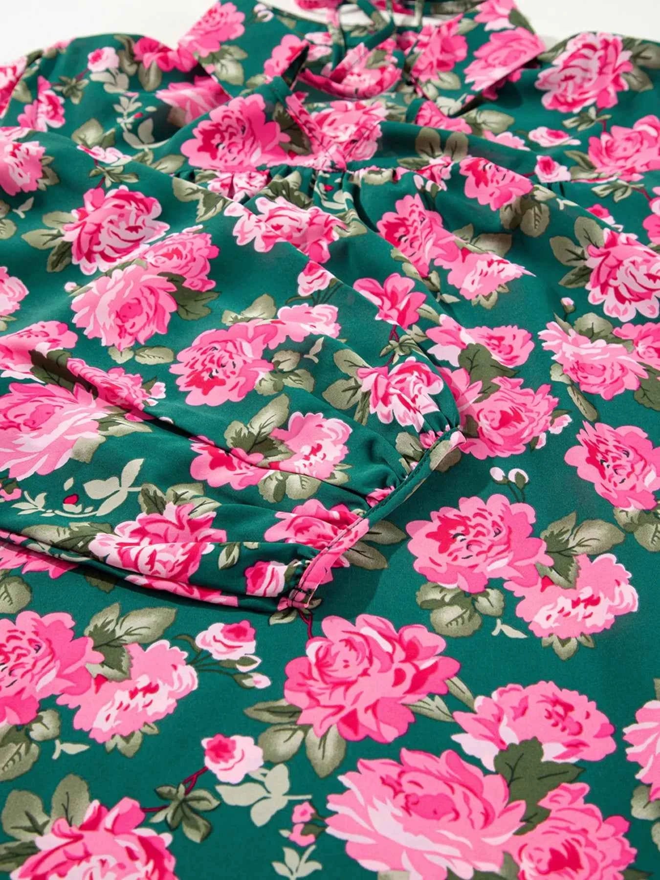 Floral Printed Tied Collar Puff Sleeve Blouse 34ad42543ee94c78a144200f128563fe-Max-Origin