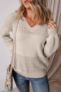 Brown Eyelet Pattern Detail V Neck Drop Shoulder Sweater Brown 100%Polyester 34b3f613f07078a1