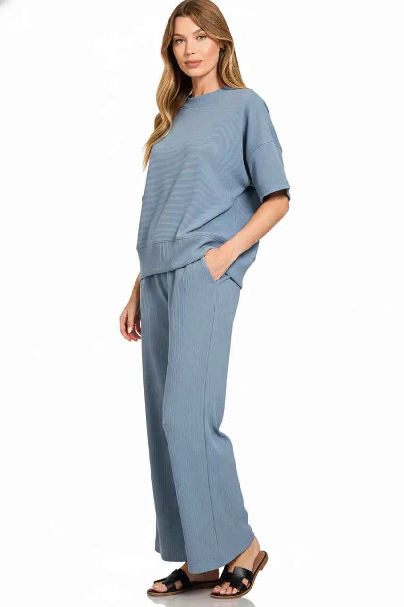 Zenana Ribbed Round Neck Tee & Pants Set 34b728cd-58fd-44e7-95bc-443af22855a0-Max-Origin