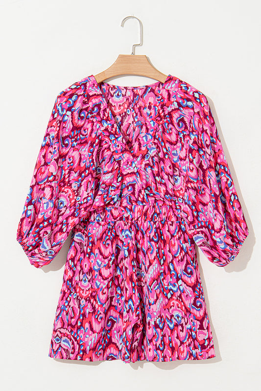 Pink Abstract Print Dolman Sleeve V Neck High Waist Romper 34b9478c6d4bee6e