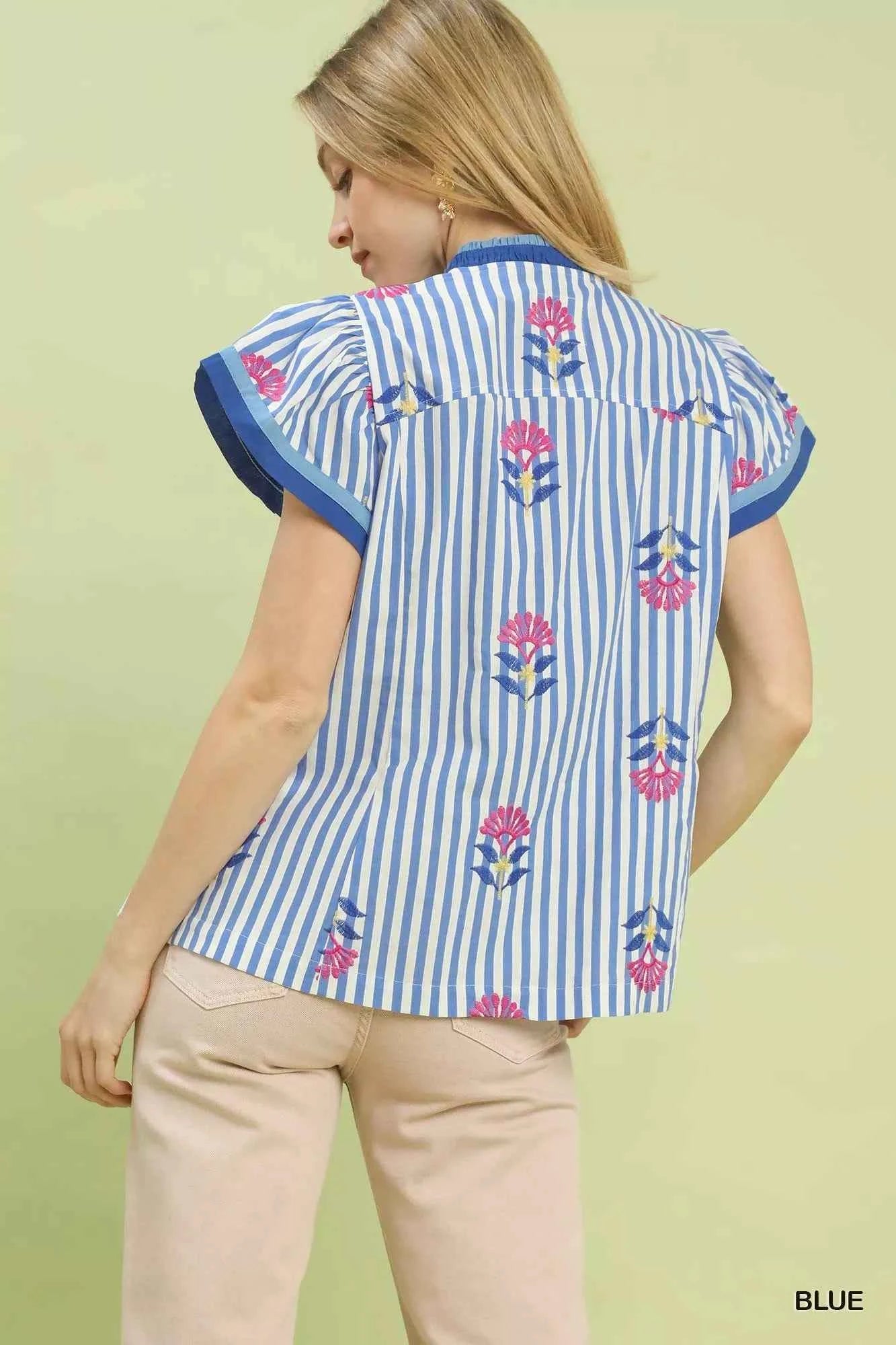 Umgee Embroidered Striped Flutter Sleeve Top 34ba8601-b157-4fc4-8bbc-c02e9381d7b7-Max-Origin