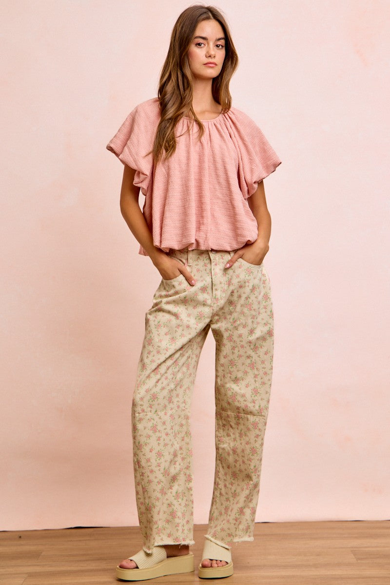BiBi Stripes Textured Shirred Neckline Bubble Hem Top 34c3ea7c6af049519c84d2ee64589848-Max