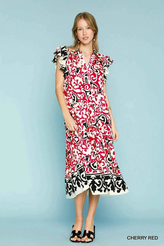 Printed Ruffled Cap Sleeve Midi Dress 34c505c1-f7c8-46a7-8ad1-ddab225da465-Max-Origin