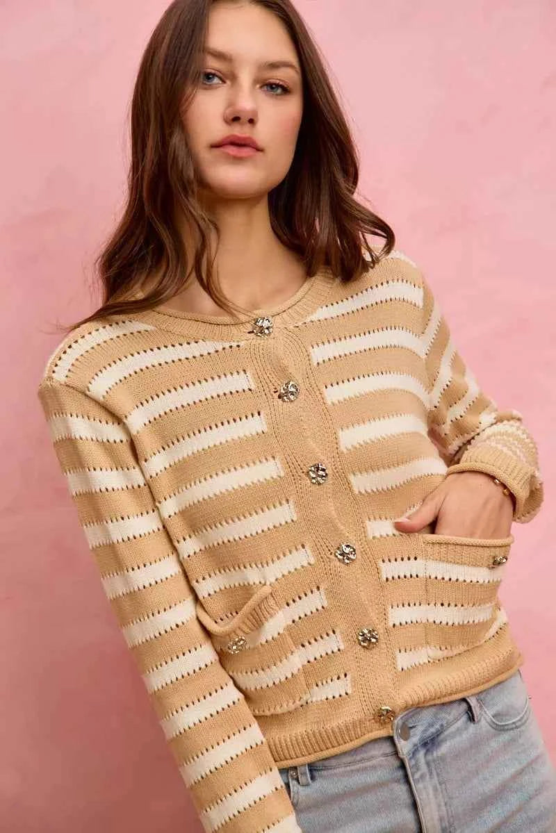 SO ME Stripe Long Sleeves Button Sweater Cardigan 34caf22bafb346a095dafeb1db9357c7-Max-Origin