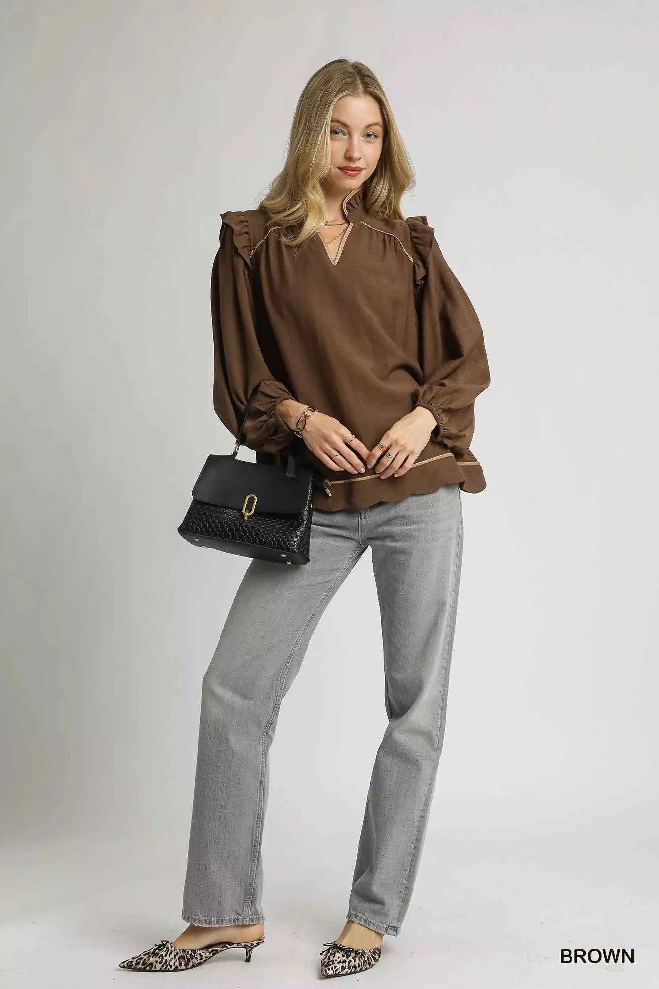 Umgee Ruffle Shoulder Long Sleeve Blouse 34cb56c9-22d4-45e5-9486-de5b2440a717-Max-Origin