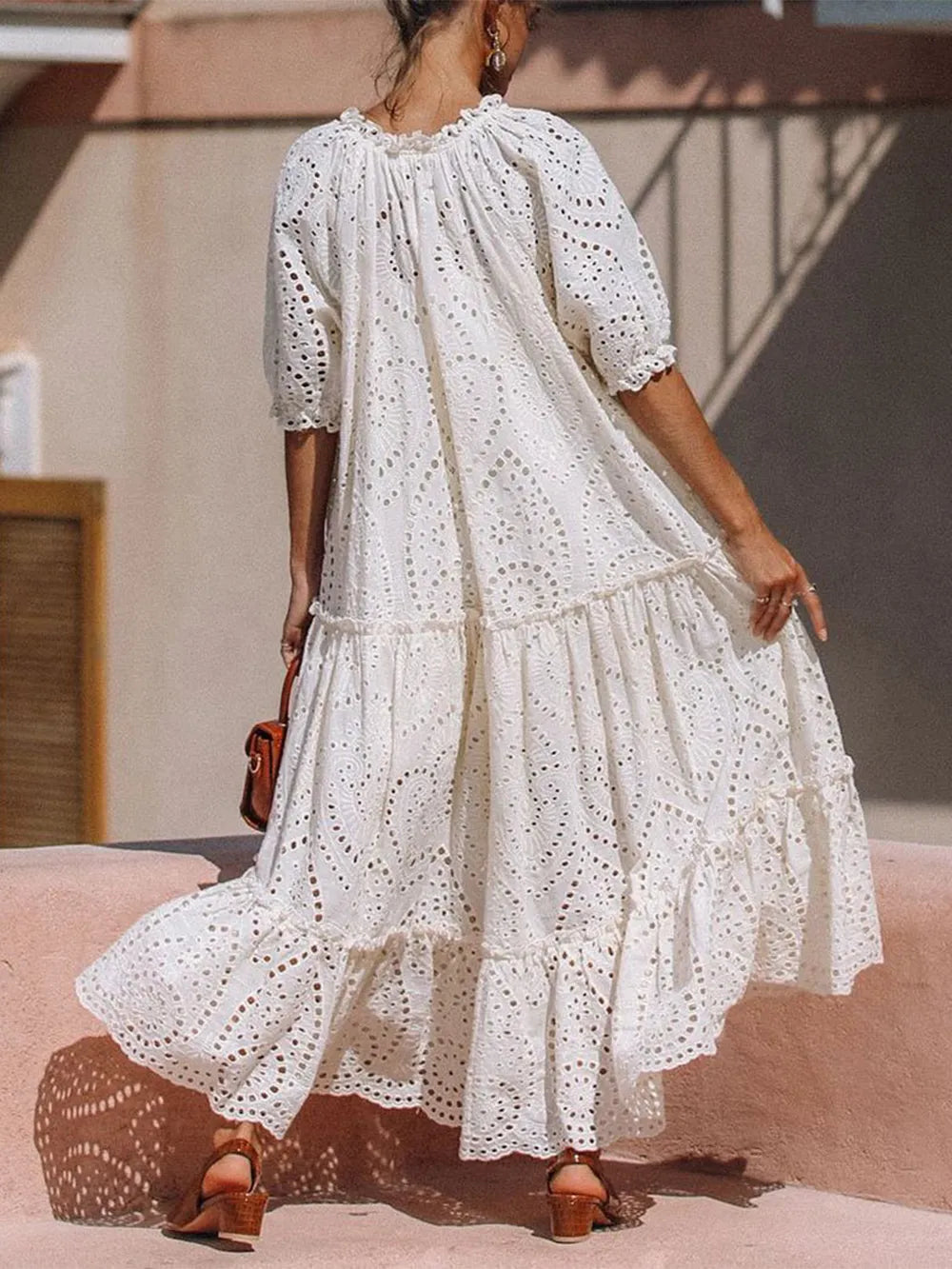 Tie Neck Half Sleeve Tiered Dress 34d0e6d2-fcd2-43dc-ab0d-0c597757df80-Max
