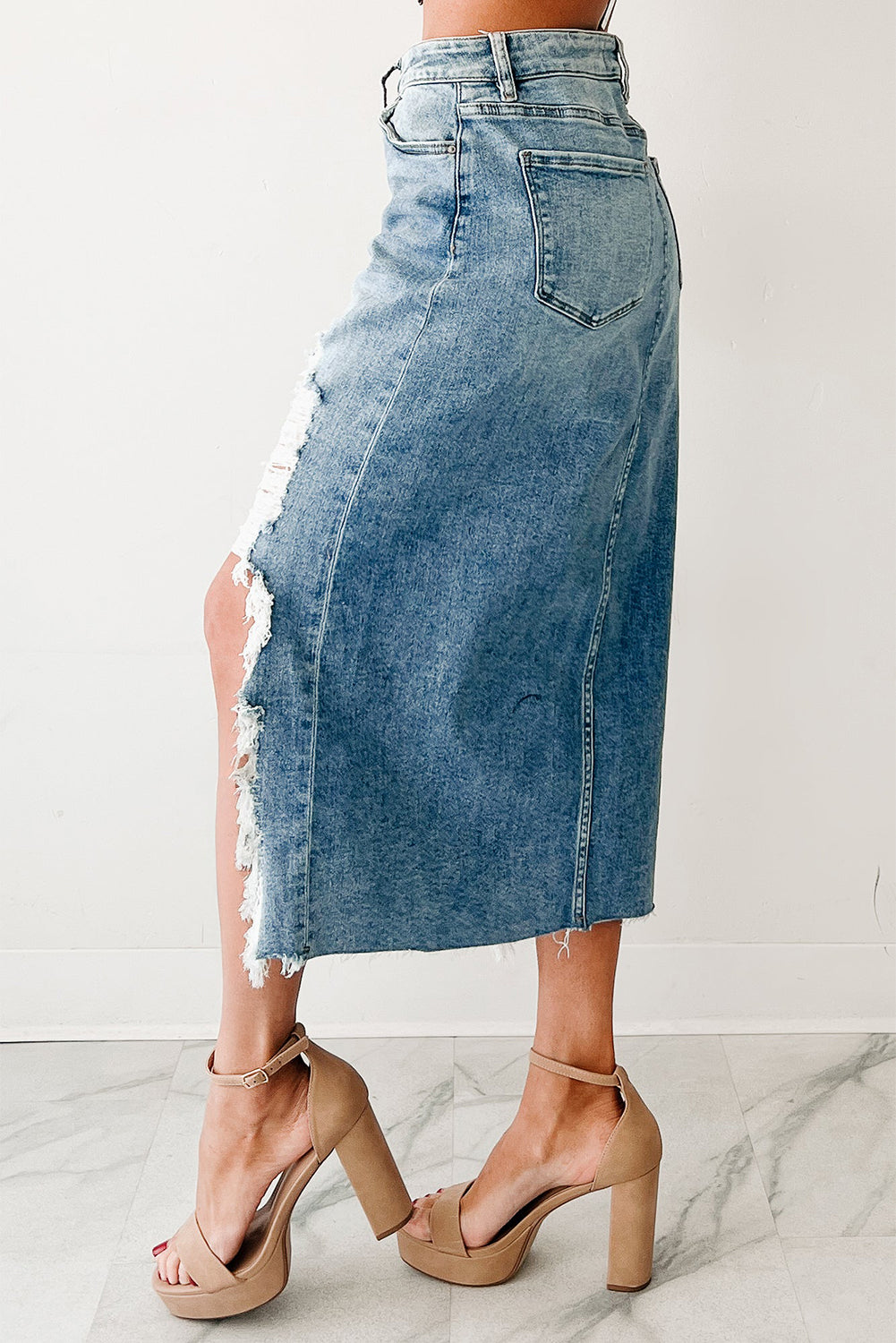 Myosotis Irregular Distressed Hem Denim Midi Skirt 34d57fe116c4643b