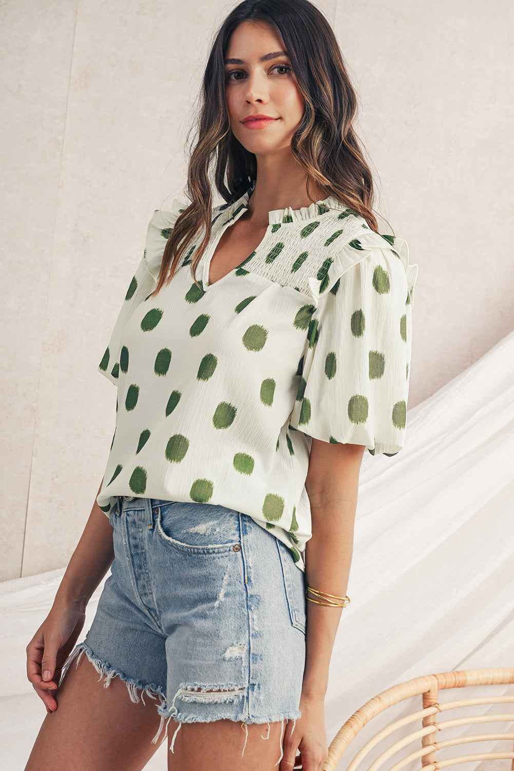 Rose Polka Dot Print Shirred Notched Neck Puff Sleeve Blouse 34d6782b83671361