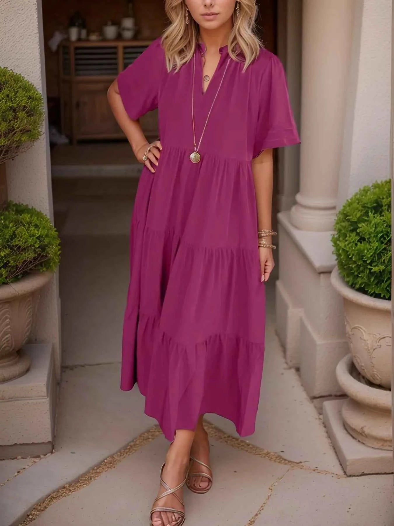 Short Sleeve Tiered Midi Shirt Dress Rose Red 34d8534b-6b7c-4205-9a4c-27cac822847c-Max-Origin