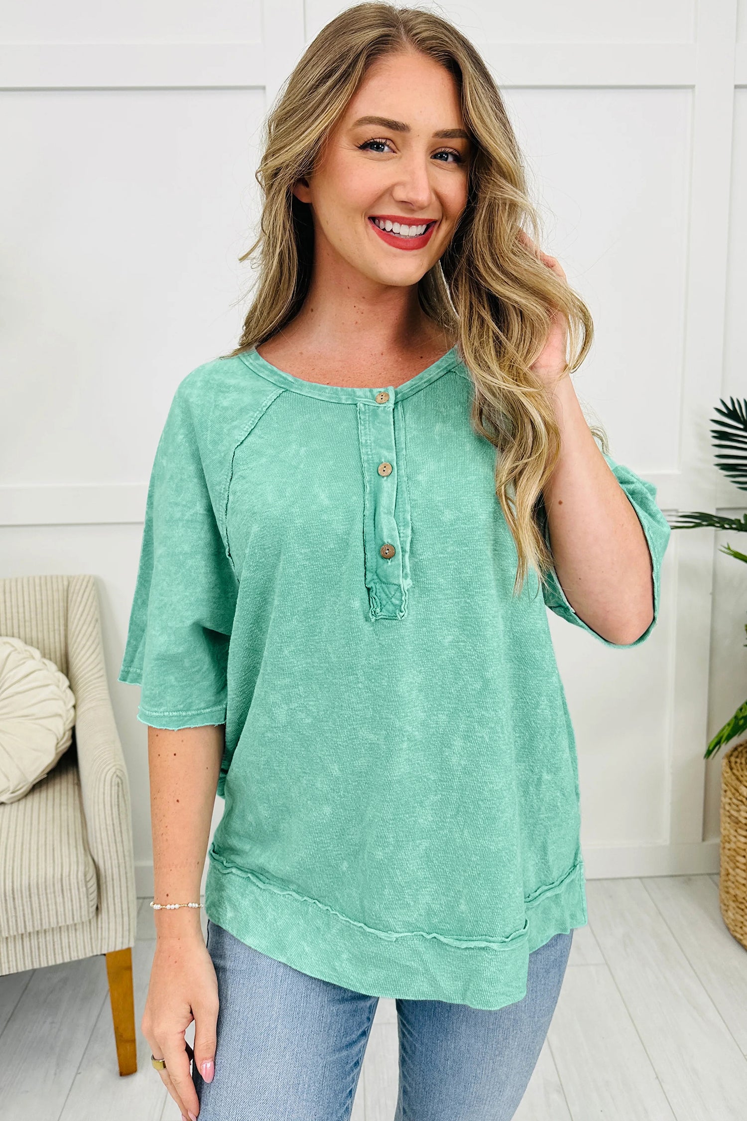 Mint Green Half Buttons Raw Seam Raglan Sleeve Mineral Wash T Shirt 34de6886a7c7675a