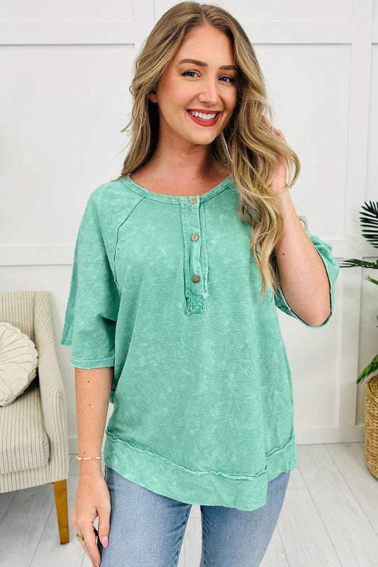 Mint Green Half Buttons Raw Seam Raglan Sleeve Mineral Wash T Shirt 34de6886a7c7675a