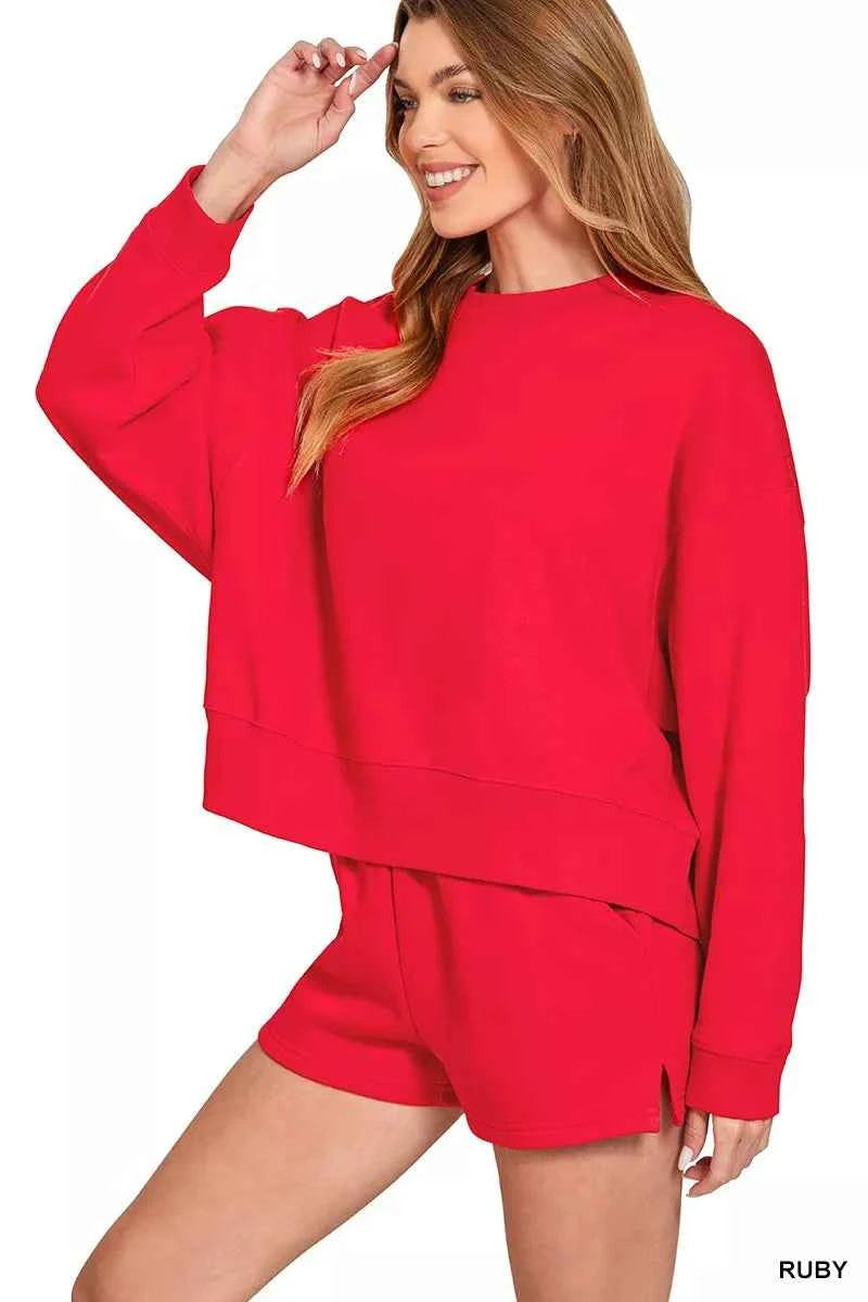 Zenana Fleece Round Neck Sweatshirt and Shorts Set RUBY 34de73de14274a3c9b886d2960f46112-Max-Origin