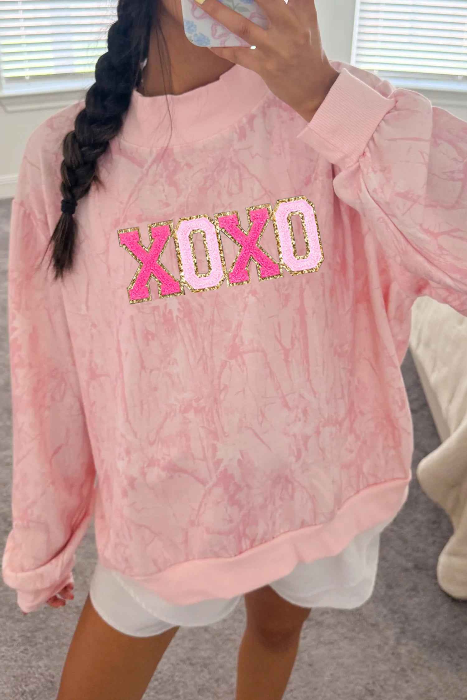Pink XOXO Glitter Trim Chenille Patched Graphic Mock Neck Tie Dye Sweatshirt 34e1761ce84ddbb5