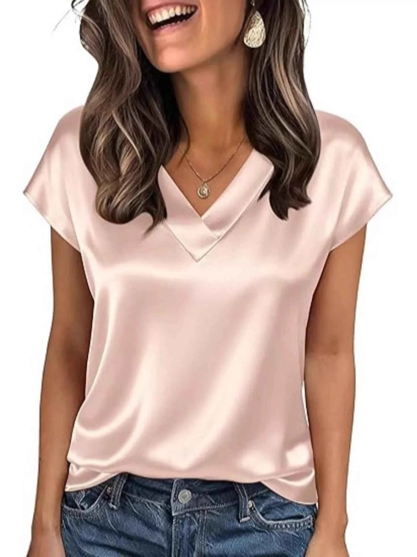 Satin V-Neck Short Sleeve Blouse Champagne Color 34e6fe283e9a4540a64cd2bd1f213049-Max-Origin