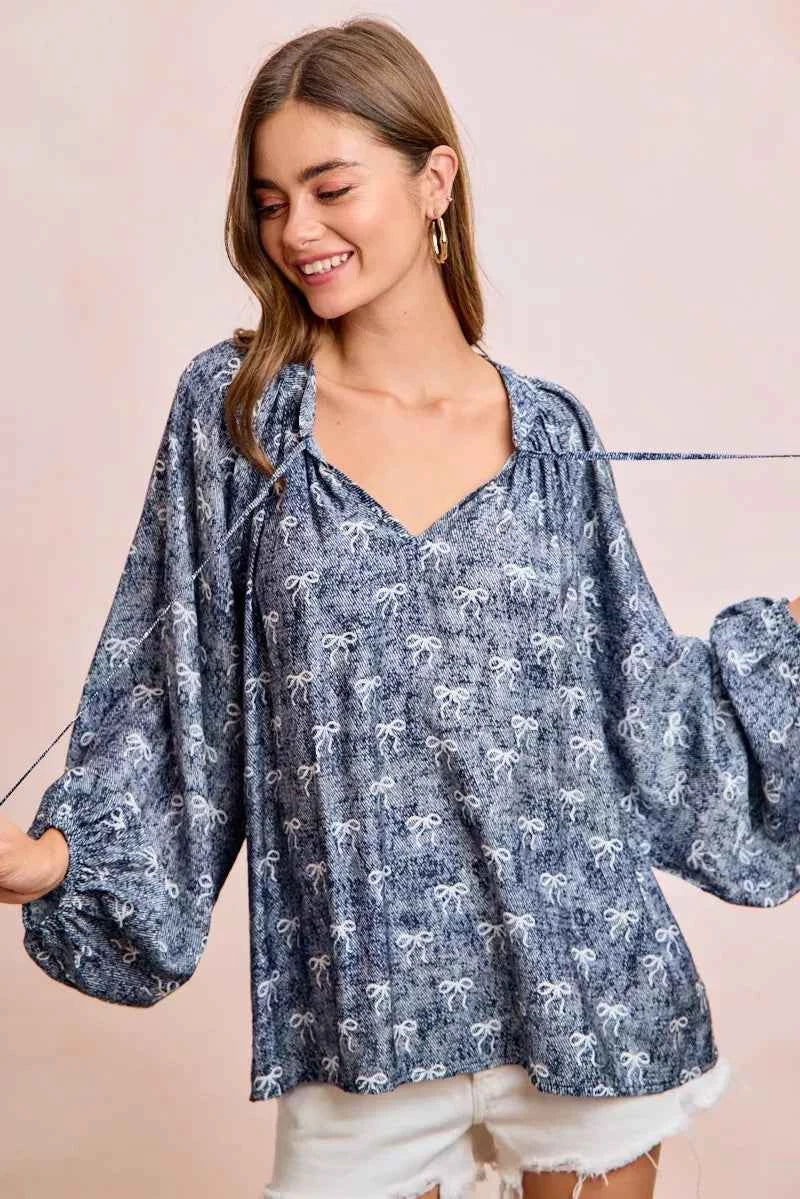 BiBi Ribbon Bow Print Exaggerated Balloon Sleeves Top 34ea1b7f57e244c784b2da3ef3271bb8-Max-Origin