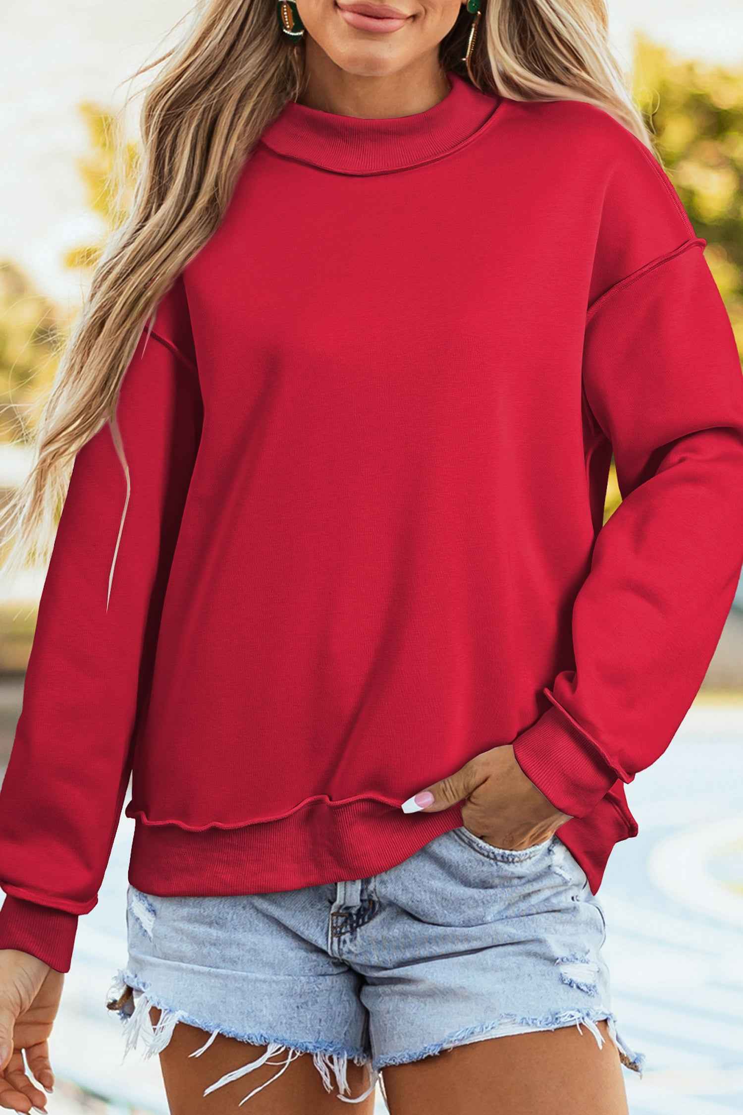 White Oversize Drop Shoulder Reversible Mock Neck Sweatshirt 34eb6c5c86348644