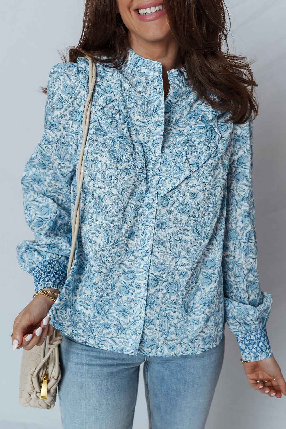 Sky Blue All Over Floral Puff Sleeve Shirt 34ef0a9a889ba135