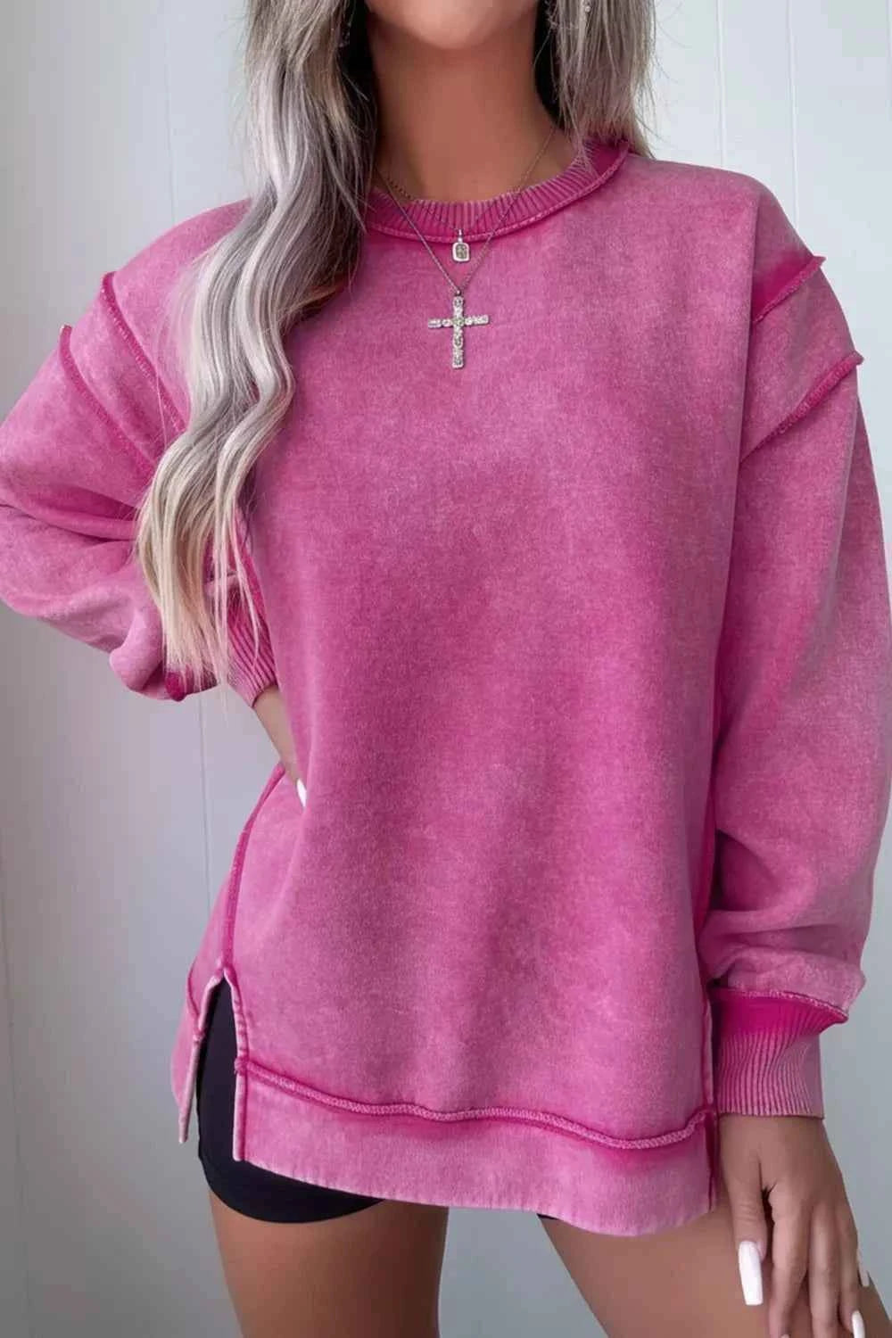 Mineral Wash Exposed Seam Side Slit Sweatshirt Hot Pink 34fac2c8-1ad6-4d7e-addb-b3851c7f4fed-Max-Origin
