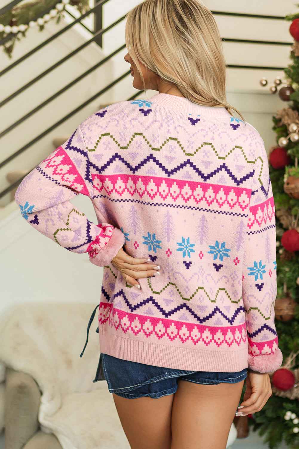Multicolour Ethnic Christmas Pattern Knit Feather Cuffed Sweater 34fd71278880c428