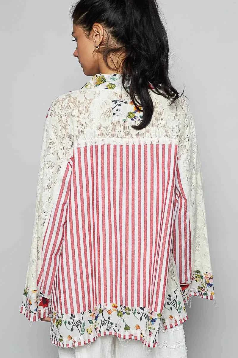 POL Lace Long Sleeve Striped Cardigan with Floral Patchwork Detail 350214ae-7a4a-47ce-80d8-2f2c7dfe2cf4-Max-Origin