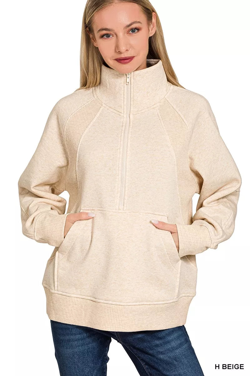 Zenana Half Zip Fleece Sweatshirt with kangaroo Pocket H BEIGE 35059c1dcfb7427c85b19edd72e4d1b6-Max-Origin