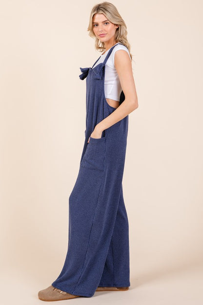 BOMBOM Knot Straps Wide Leg Ribbed Overalls with Pockets